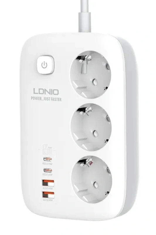 Сетевой фильтр LDNIO Power Strip 3250W, 3 розетки, 4 USB, 2м, Белый (SE3436). Фото 1