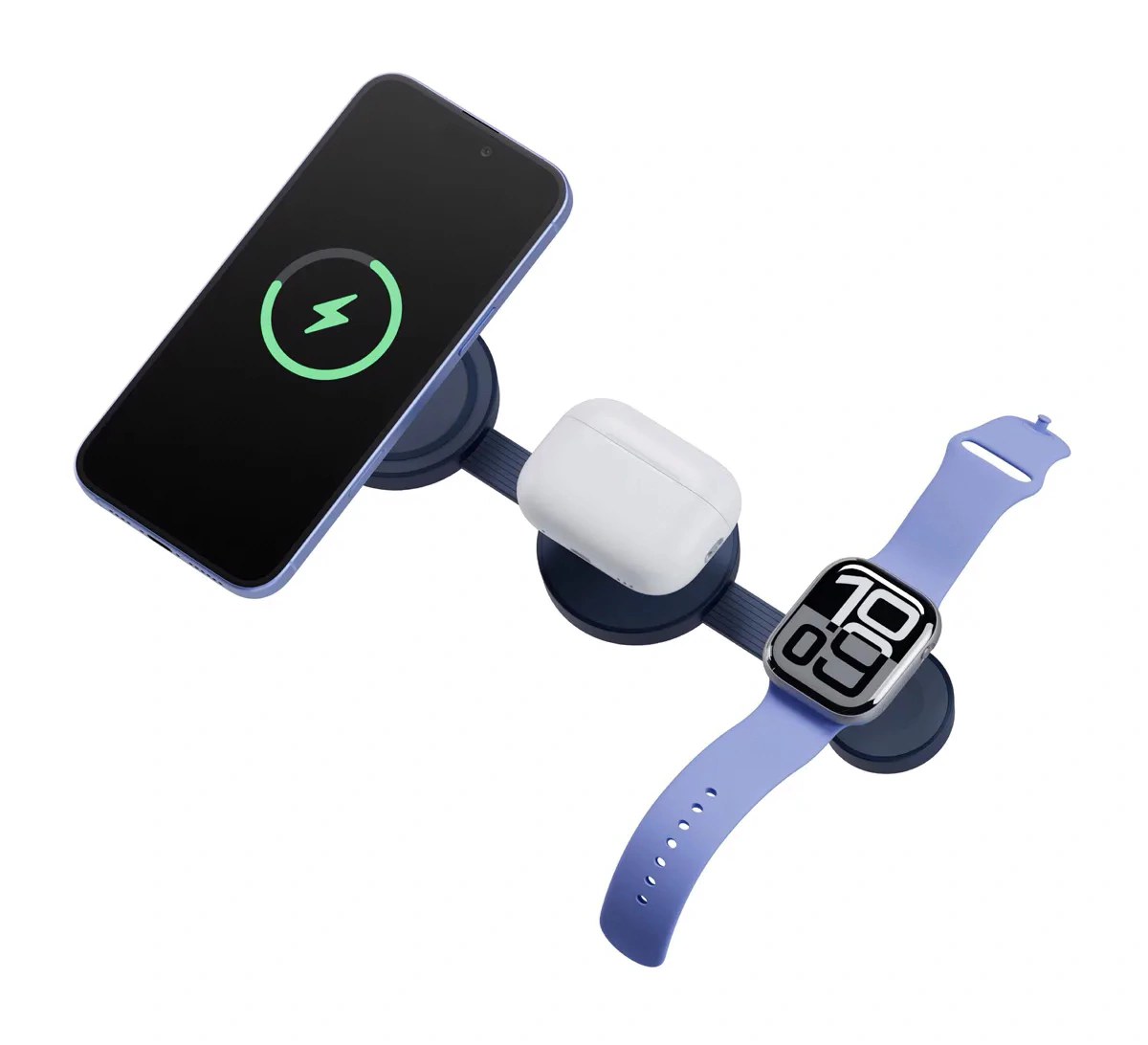 Беспроводное зарядное устройство EnergEA MagTrio 2, 3in1 magnetic wireless foldable charger Qi2 25W, Синий (MAG-TRIO2-BLU). Фото 1