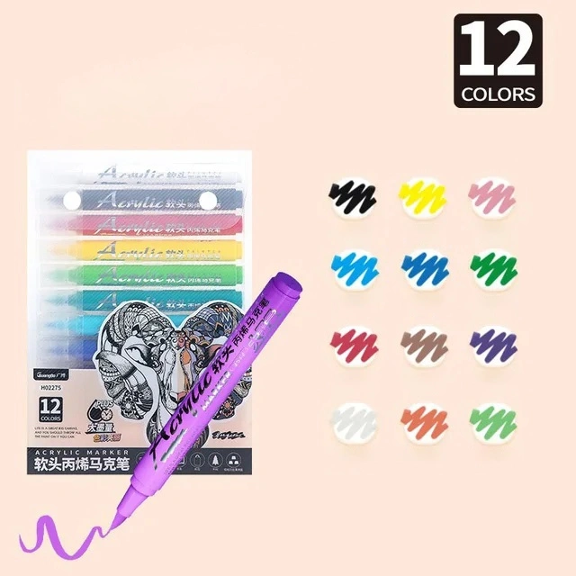 Набор акриловых маркеров Guangbo с мягким наконечником 12 цветов (H02275). Фото 1