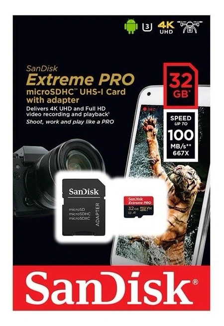 Карта памяти Sandisk Extreme Pro + SD адаптер 32GB microSDXC Class 10 (SDSQXCD-032G-GN6MA). Фото 1