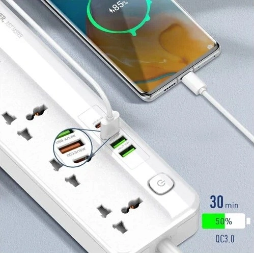 Сетевой фильтр LDNIO Fast Charging Power Strip 2500W, 5 розеток, 4 USB, 2м, Белый (SC5415). Фото 2