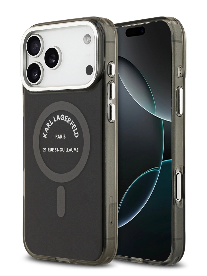 Накладка Lagerfeld для iPhone 17 Pro Max IML RSG logo Metal camera (MagSafe), Чёрная (KLHMP17XHKRSGPK). Фото 1