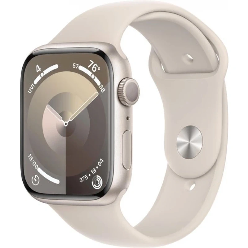 Apple Watch Series 9, 45 мм, алюминий цвета "сияющая звезда", спортивный ремешок "сияющая звезда", размер M/L (MR973). Фото 1