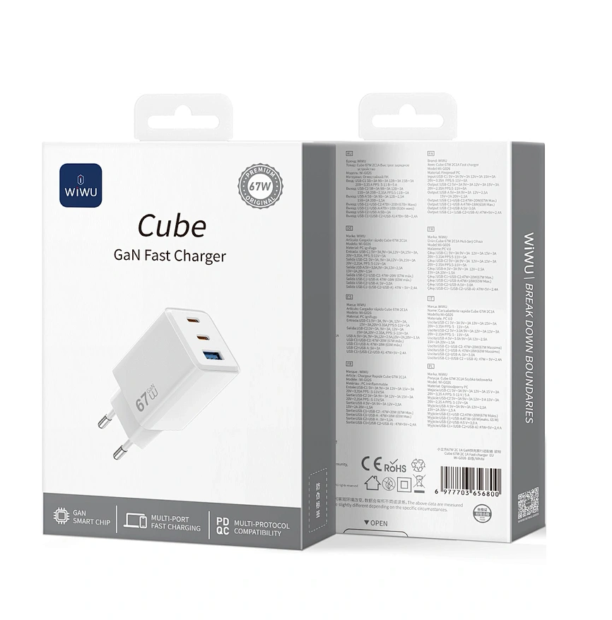Сетевое зарядное устройство Wiwu Cube 67W 2C+A GaN Fast Charger Wi-G026, Белое. Фото 4