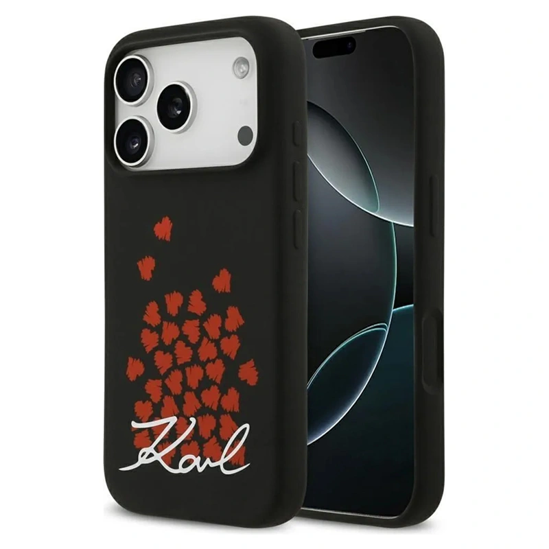 Накладка Lagerfeld для iPhone 17 Pro Max Liquid Silicone Hearts Hard (MagSafe), Чёрная (KLHMP17XSMHBKSOK). Фото 1