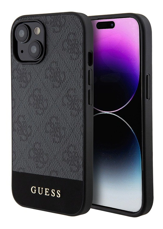 Накладка Guess для iPhone 15 PU 4G Bottom stripe Metal logo Hard (MagSafe), Black (GUHMP15SG4GLGR). Фото 1