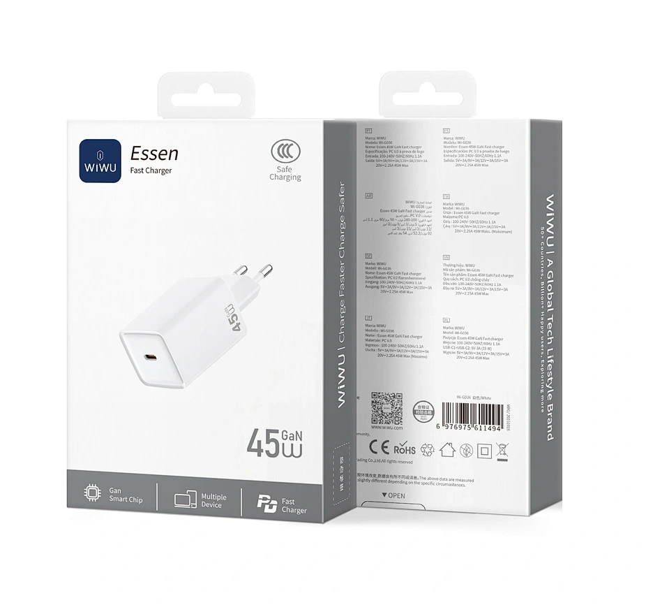 Сетевое зарядное устройство Wiwu Essen Fast Charge Travel Adapter Type-C 45W Wi-G036, Белое. Фото 5