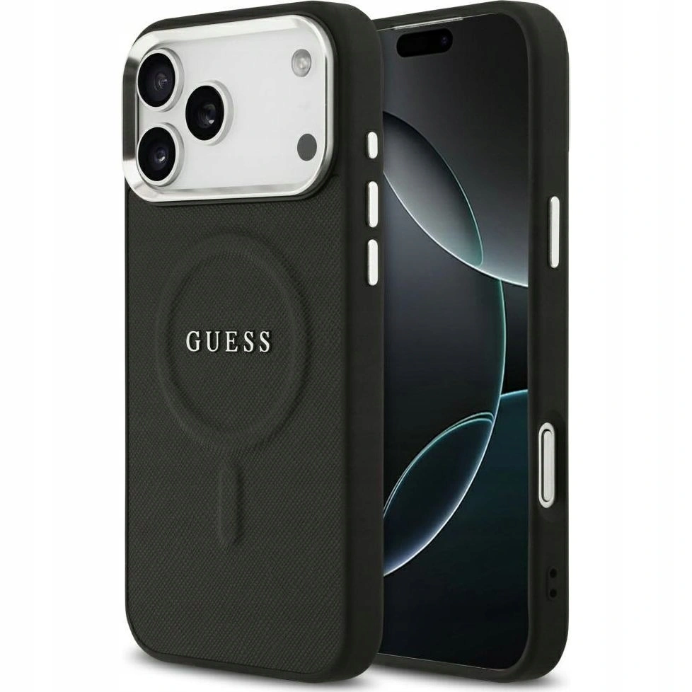 Накладка Guess для iPhone 17 Pro Max PU Grained leather Classic metal logo & Cam (MagSafe), Чёрная (GUHMP17XPSAREGSK). Фото 1