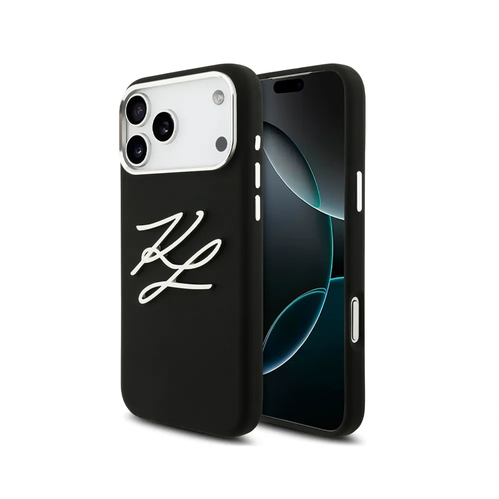 Накладка Lagerfeld для iPhone 17 Pro Liquid Silicone Initials Metal Logo & Camera, Чёрная (KLHCP17LSMCKLMCLK). Фото 1