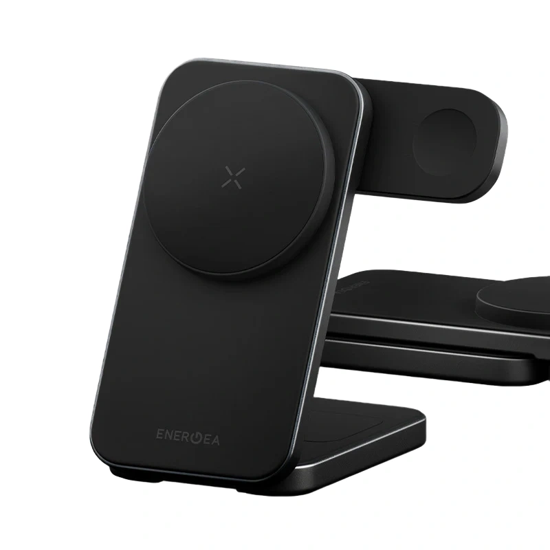 Беспроводное зарядное устройство EnergEA MagTrio 2 3 в 1 Qi2 25Вт, Тёмно-серое (MAG-TRIO2-GUN). Фото 2