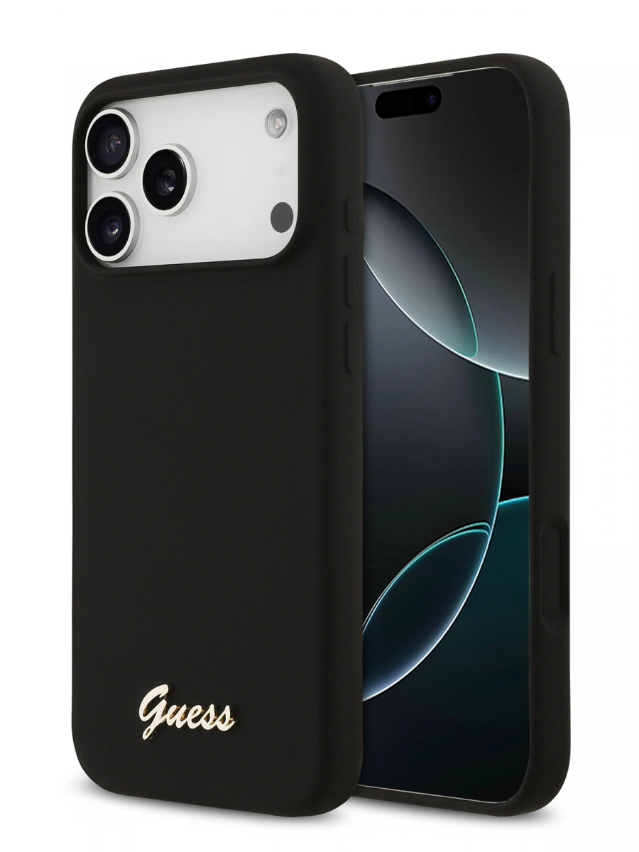 Накладка Guess для iPhone 17 Pro Max Liquid silicone Gold metal logo (MagSafe), Чёрная (GUHMP17XSMBSLK). Фото 1