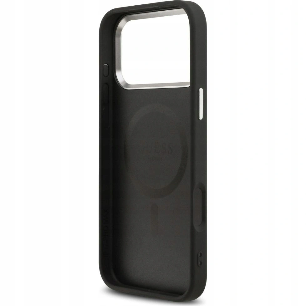 Накладка Guess для iPhone 17 Pro Max PU Grained leather Classic metal logo & Cam (MagSafe), Чёрная (GUHMP17XPSAREGSK). Фото 2