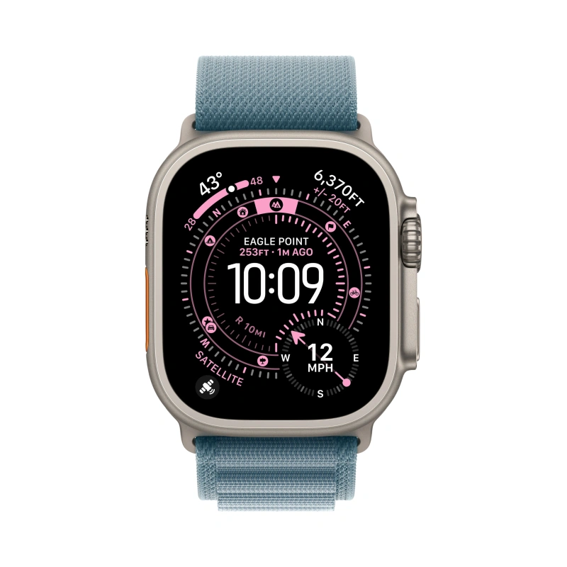 Умные часы Apple Watch Ultra 3 (2025) GPS+Cellular 49mm, Natural Titanium ремешок "Light Blue Alpine Loop" M 145-190 mm (MEWM4). Фото 2