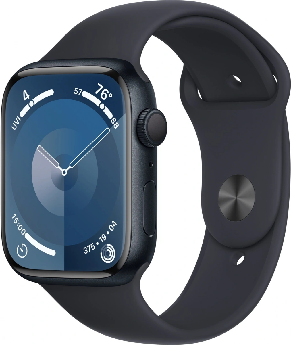 Apple Watch Series 9, 45 мм, алюминий цвета "тёмная ночь", спортивный ремешок "тёмная ночь", размер S/M (MR993). Фото 1