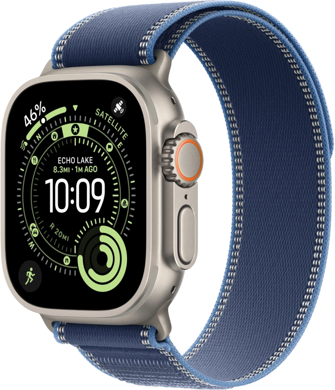 Умные часы Apple Watch Ultra 3 (2025) GPS+Cellular 49mm, Natural Titanium ремешок "Blue/Bright Blue Trail Loop" S/M 130-180 mm (MEWR4). Фото 1