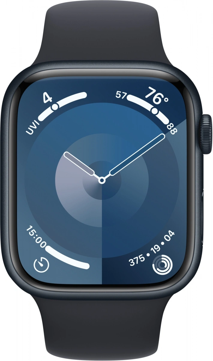 Apple Watch Series 9, 45 мм, алюминий цвета "тёмная ночь", спортивный ремешок "тёмная ночь", размер S/M (MR993). Фото 2