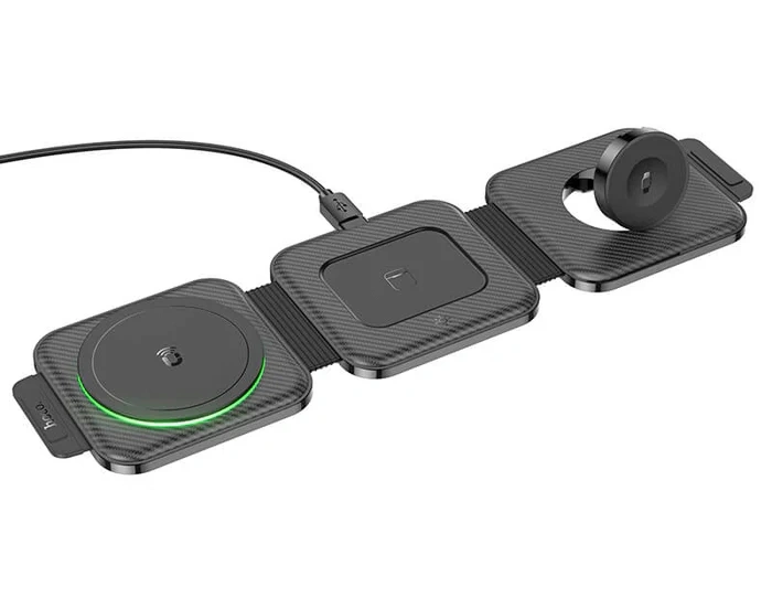 Беспроводное зарядное устройство Hoco Folding Magnetic Wireless Fast Charger CQ4 3in1, Чёрное. Фото 1