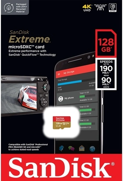 Карта памяти Sandisk Extreme UHS-I U3 V30 A2 microSDXC 128Gb (SDSQXAA-128G-GN6MN). Фото 1