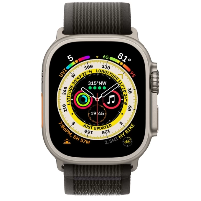 Apple Watch Ultra GPS+Cellular 49mm, ремешок "Black/Gray Trail Loop" размер M/L 145-210mm (MQF53)
