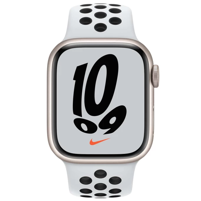 Apple Watch Nike Series 7, 41 мм, алюминий цвета "сияющая звезда", спортивный ремешок Nike цвета "чистая платина/чёрный" (MKN33)